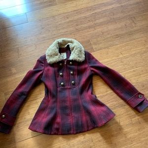 Anthropologie Elevenses Red Plaid Peplum Jacket